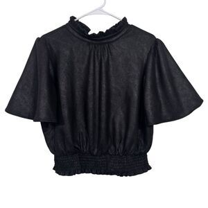Voy Faux Suede Ruffle Short Sleeve Tie Back Shimmer Top